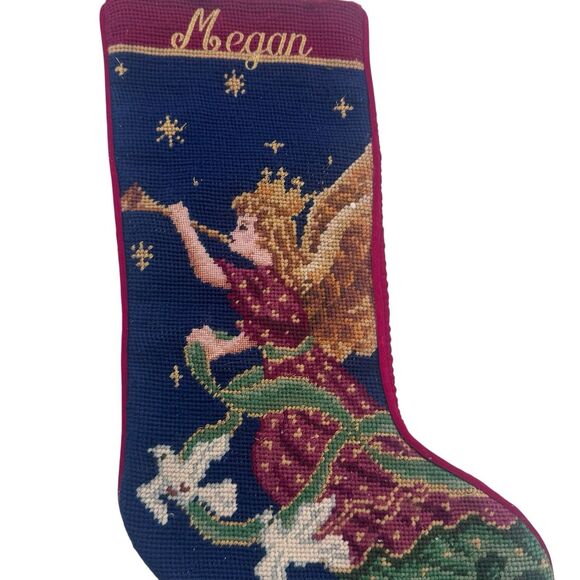 Needlepoint Stocking Christmas Angel Horn Gold Blue Red Imperial Elegance MEGAN - Picture 3 of 10